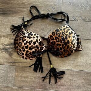 Leopard Print Rhinestone Push Up Bikini Top with Tassels and Pink Heart Padding